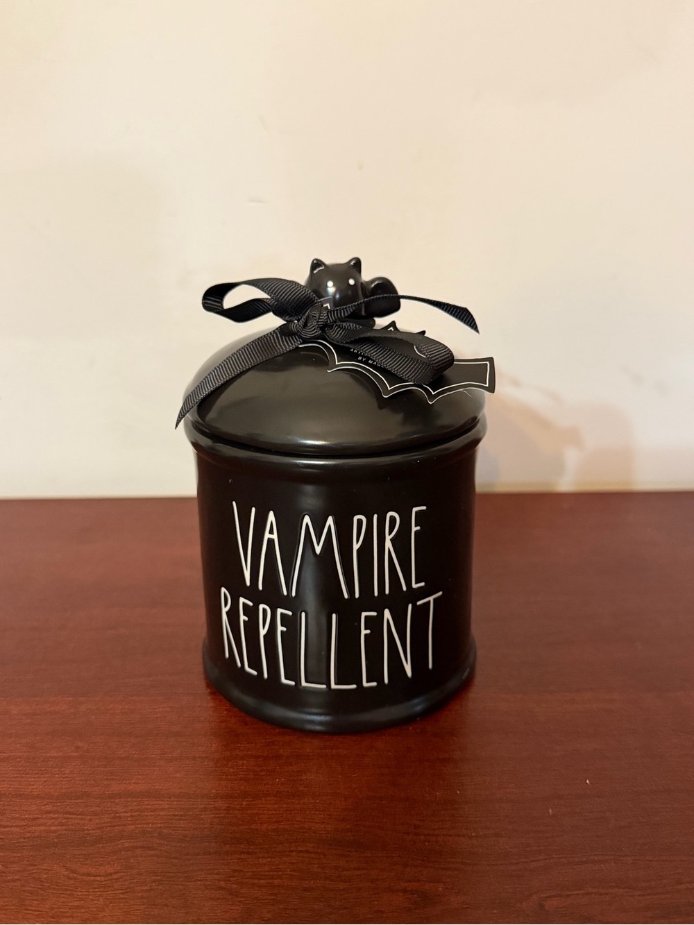 Rae Dunn Vampire Repellent Halloween Black Ceramic Jar w/ Lid Bath